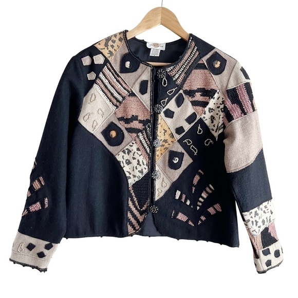 Sandy Starkman Vintage 80’s Wool Patchwork Art to Wear Crop‎ Jacket Black Tan, S - Picture 1 of 10